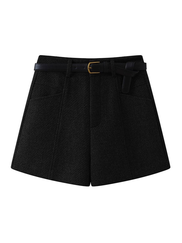Quần short len cạp cao nữ dáng thẳng, phong cách thời thượng — Màu xám đậm (len nâng cấp), Màu đen (len nâng cấp)