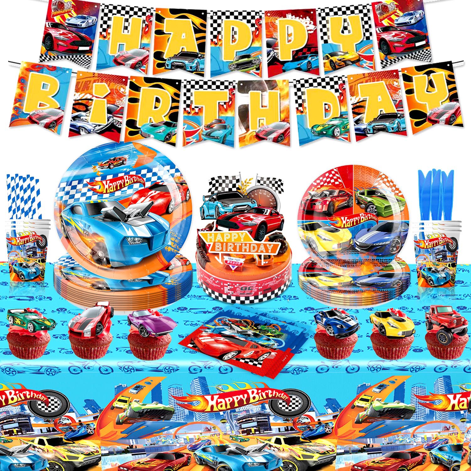 Amazon Hot Sale Hot Wheel Racing Theme Party Party cubiertos bandejas de papel tazas de papel bandejas de tracción