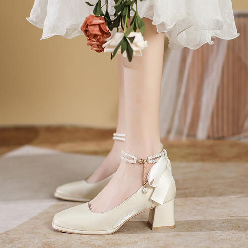 C501-31 Thick Heel Square Toe Bow Fairy High Heel  New Wedding Shoes Bridal Shoes Large Size 40-43