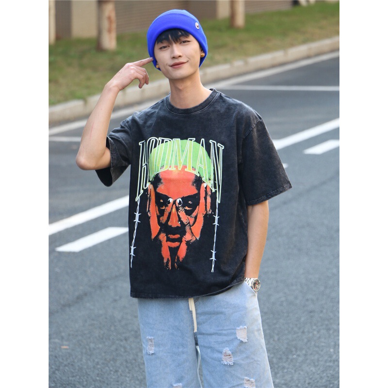 Basketball Dennis Rodman Star Printed Washed Distressed American Round Neck Loose T-shirt Retro Short Sleeve