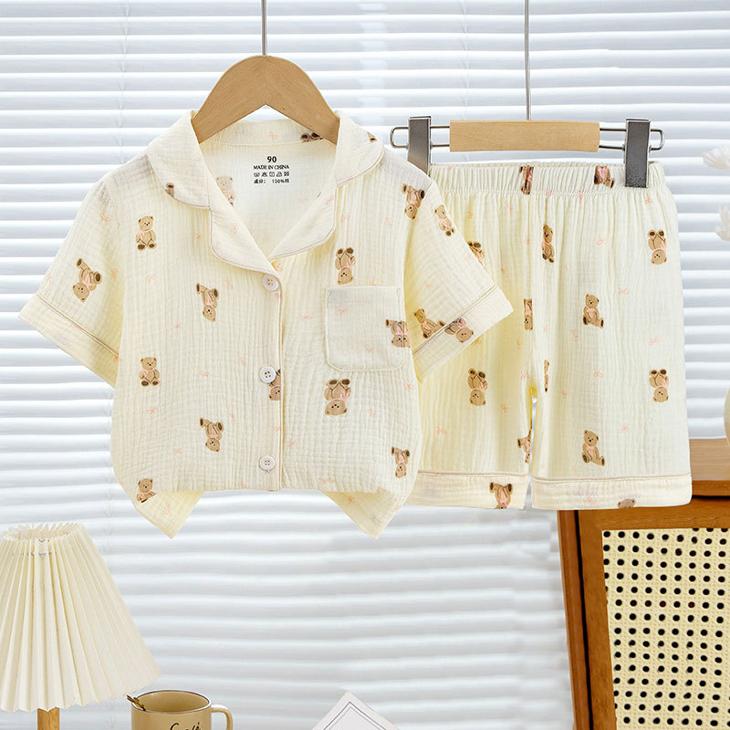 Summer Children's Cotton Short-sleeved Shorts Boys and Girls Cotton Yarn Home Clothes suit Double-layer Yarn Cotton Breathable Cardigan