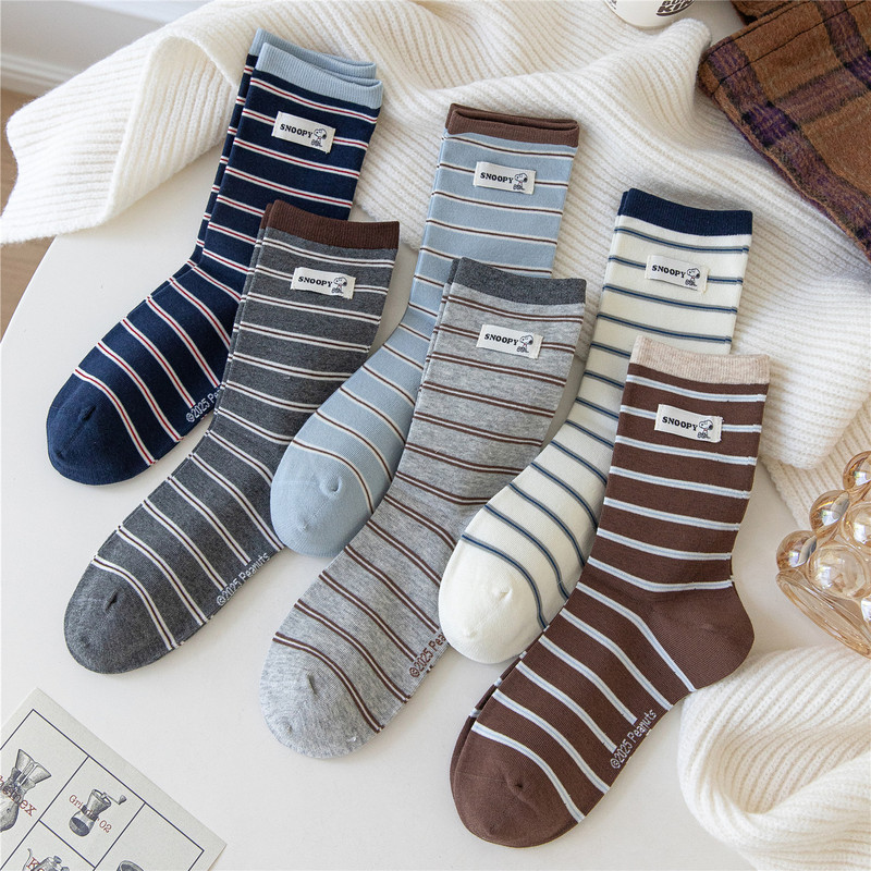 Caramella & Snoopy Co-Branded Socks for Women, Ribbed Cloth Label Color-Blocked Mid-Calf Socks, Preppy Style Stripesd Cotton Socks