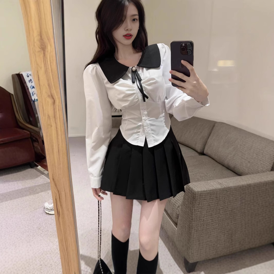 새로운 대학 스타일 JK 유니폼 슬림 핏 긴팔 인형 칼라 셔츠 높은 허리 모든 경기 플리츠 스커트 슬림 투피스 세트