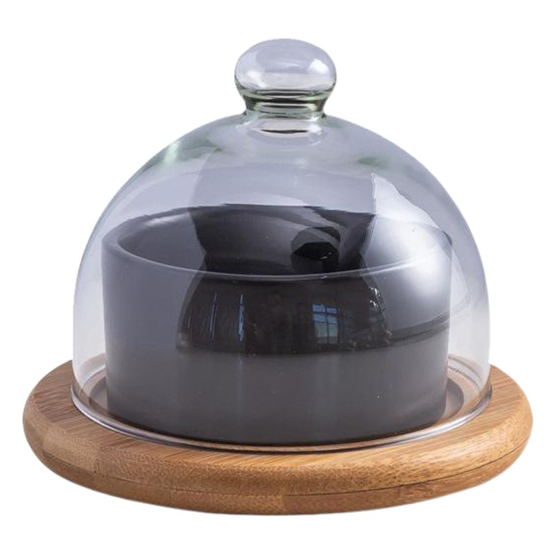 Tazón de cerámica para ensalada, helado, pan, pudín, postre, con tapa de vidrio y bandeja de bambú, de alto valor estético.