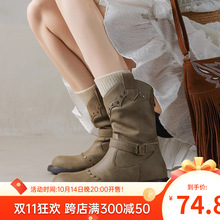 复古时尚简约大方英伦皮带扣平底铆钉西部靴骑士靴短靴女马丁靴子