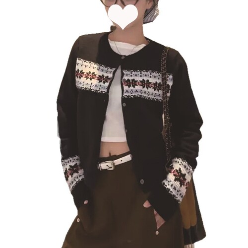 American retro romantic Fairisland knitted cardigan women's autumn and winter contrast base shirt jacquard long-sleeved sweater coat