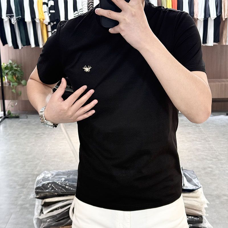 [Factory Direct Sales] 2025 Summer Cotton T-Shirt Men's Fashion Embroidered Bee Simple Versatile Solid Color Short Sleeve