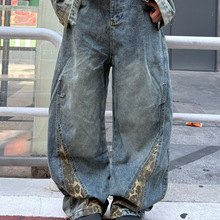 欧美潮流复古做旧豹纹拼接解构牛仔裤男生ins潮牌百搭宽松阔腿裤