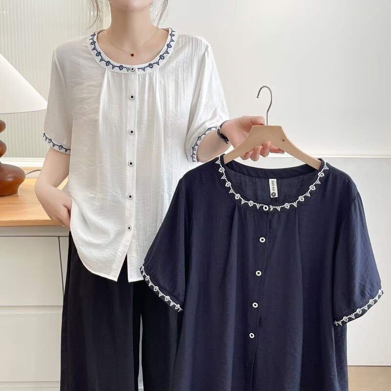 New Summer Fashion Plus-Size Women's Loose-Fitting Slimming Shirt with a Stylish Design, Chinese-Style Heavy Embroidery Lace Shirt New Summer Fashion Plus-Size Women's Loose-Fitting Slimming Shirt with a Stylish Design, Chinese-Style Heavy Embroidery Lace Shirt