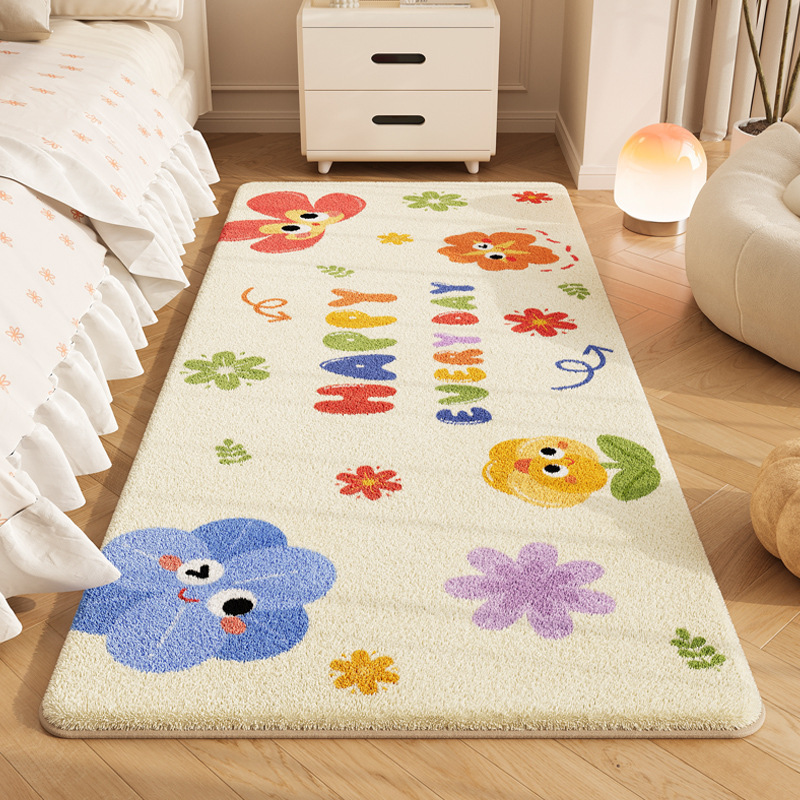 Cartoon-Style Faux Cashmere Bedside Rug, Autumn and Winter Cooling Insulation Bay Window Mat, Bedroom Long Strip Carpet, Home Decorative Floor Mat