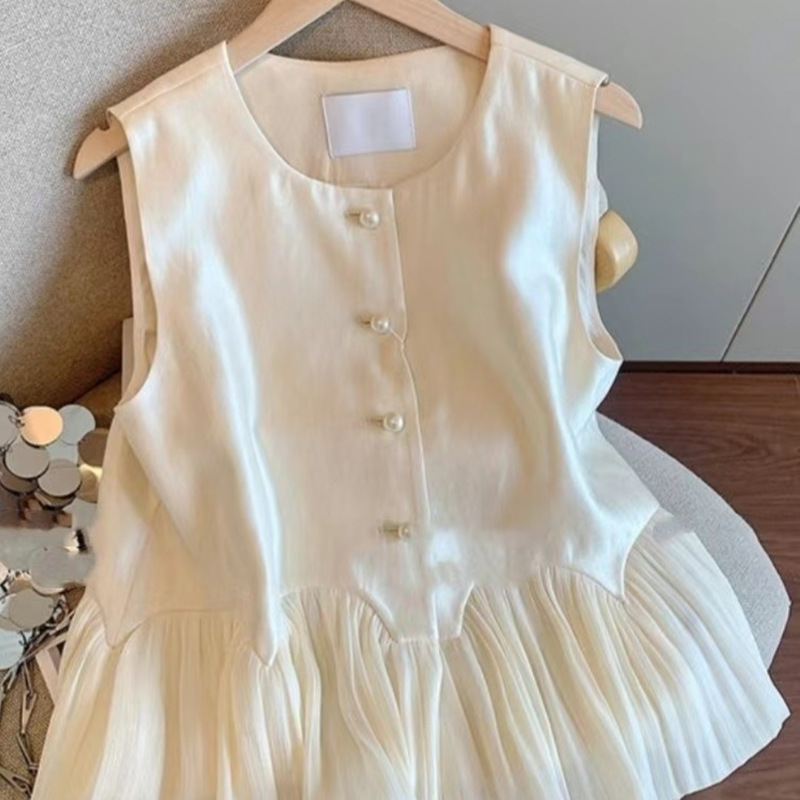 法式珠光网纱拼接无袖上衣女夏季2025新款温柔小香风显瘦马甲背心|undefined