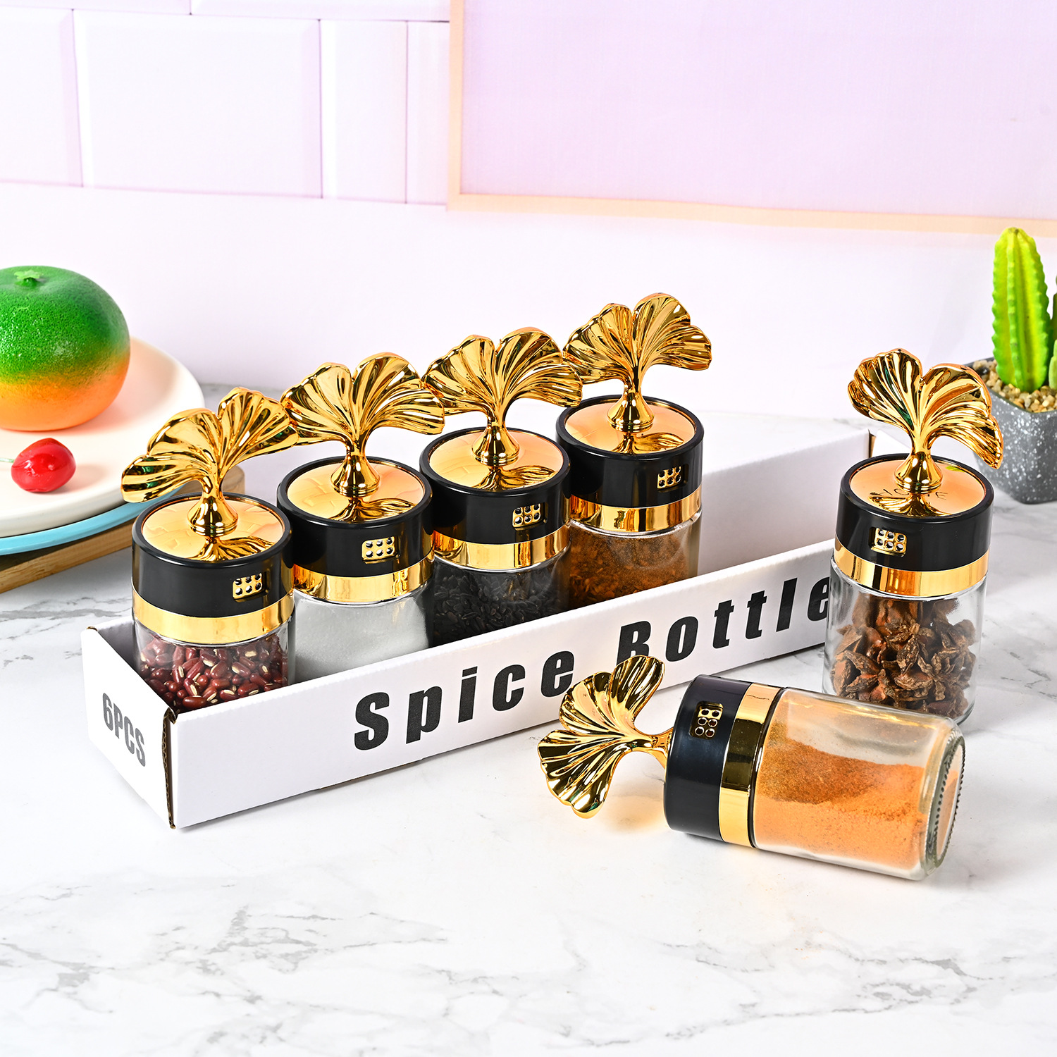 Nueva cocina sellada ginkgo hoja condimento botella hogar frasco de sal vidrio condimento botella condimento caja MSG condimento botella