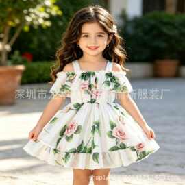 中小童洋气露肩连衣裙 女童夏装玫瑰印花网纱裙 女孩公主裙