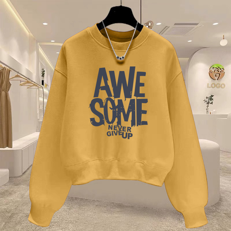 Round Neck Pullover Short Sweatshirt for Women, Fleece-Lined and Thickened, Long-Sleeve Top for Autumn and Winter, High-Waisted, Slimming, Petite, Thin Style for Spring and Autumn Round Neck Pullover Short Sweatshirt for Women, Fleece-Lined and Thickened, Long-Sleeve Top for Autumn and Winter, High-Waisted, Slimming, Petite, Thin Style for Spring and Autumn