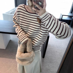 韩系慵懒风条纹套头针织衫上衣女2025秋冬季新款简约圆领长袖毛衣
