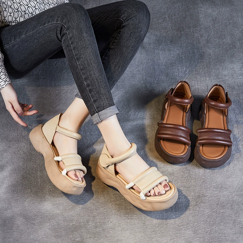 Leather sandals, genuine beach footwear platform, high slide, slippers, cowhide