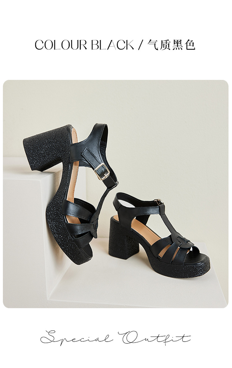 Sandal cao gót nữ quai ngang da thật phong cách La Mã đế dày gót thô — Màu đen chi tiết 32