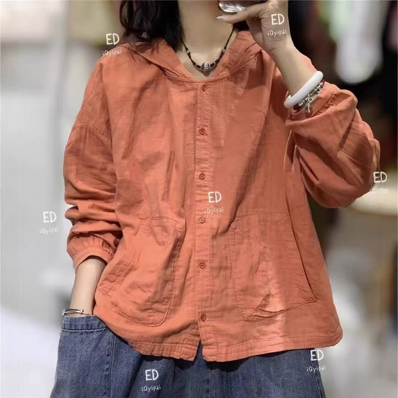 Spring 2025 Korean Style Loose Age-reducing Phigher Pocket Hooded Shirt Cardigan All-match Casual Shirt Women's 3751
