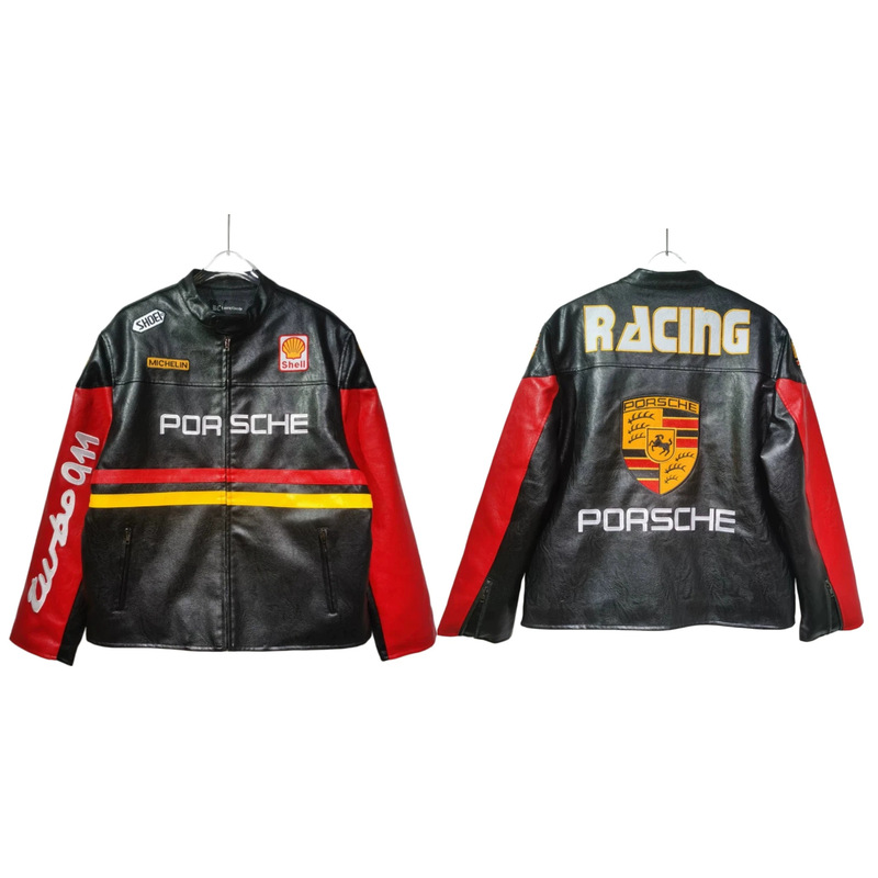 High Street Fashion Brand Black and Red Color-Blocking Pu Leather Jacket with Porsche Letter Embroidery Racing Suit Autumn and Winter Coat