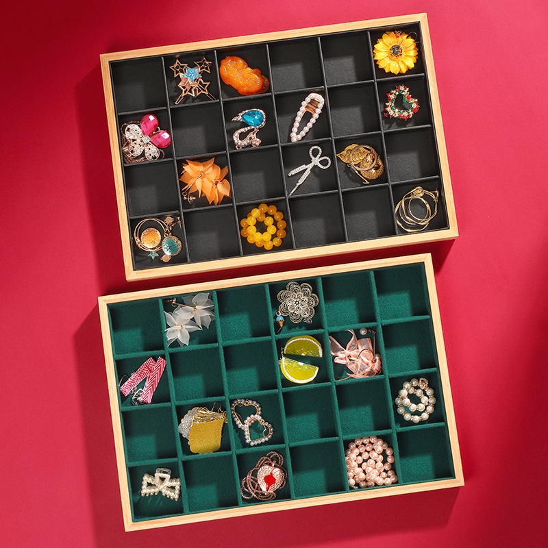 Bamboo and Wood 24-Compartment Jewelry Box Storage Cabinet, Jewelry Display Tray, Antique Collectible Display Plate, Showcase Prop