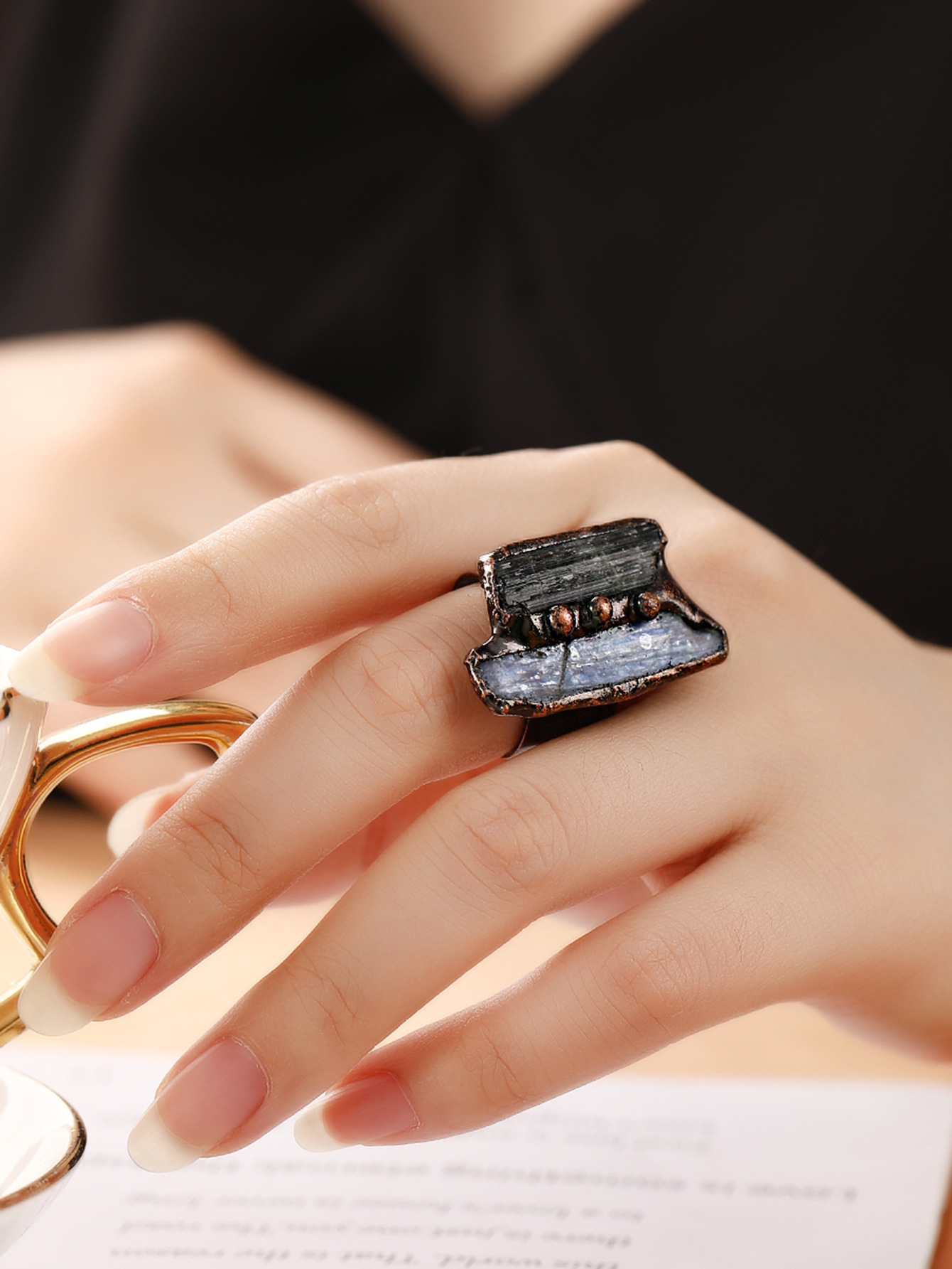 25g Weight Natural Stone, Crystal Inlay Material Open Rings Classification Adjustable Ring Size 1 Piece Quantity Daily Occasion Copper Material Geometric Pattern All Seasons Season Unisex Gender Inlay Design Retro, IG Style Style IG Style Retro Geometric Copper Inlay Natural Stone Crystal Unisex Open Rings Punk Rings 2