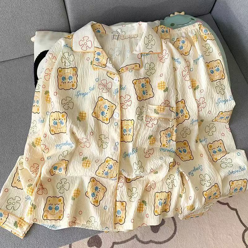 Al por mayor transfronterizo cien pijamas de verano mujeres 2025 nuevas nubes de algodón pantalones de manga larga dibujos animados lindos ropa para el hogar