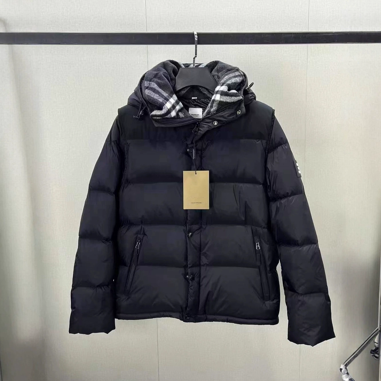 巴家羽绒服男女同款脱袖外套黑灰领可拆袖外套外贸跨境