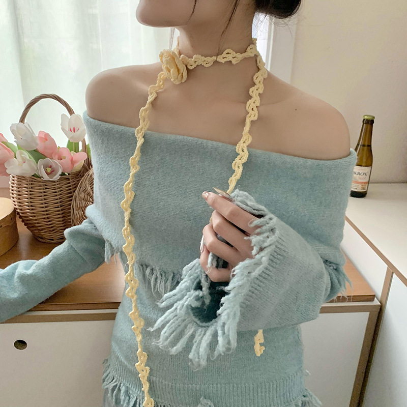 Pañuelo de seda, tira larga, sentido de alta calidad, nuevo estilo, flor de ganchillo tejida a mano, bufanda estrecha, serpentina, collar de cadena de clavícula