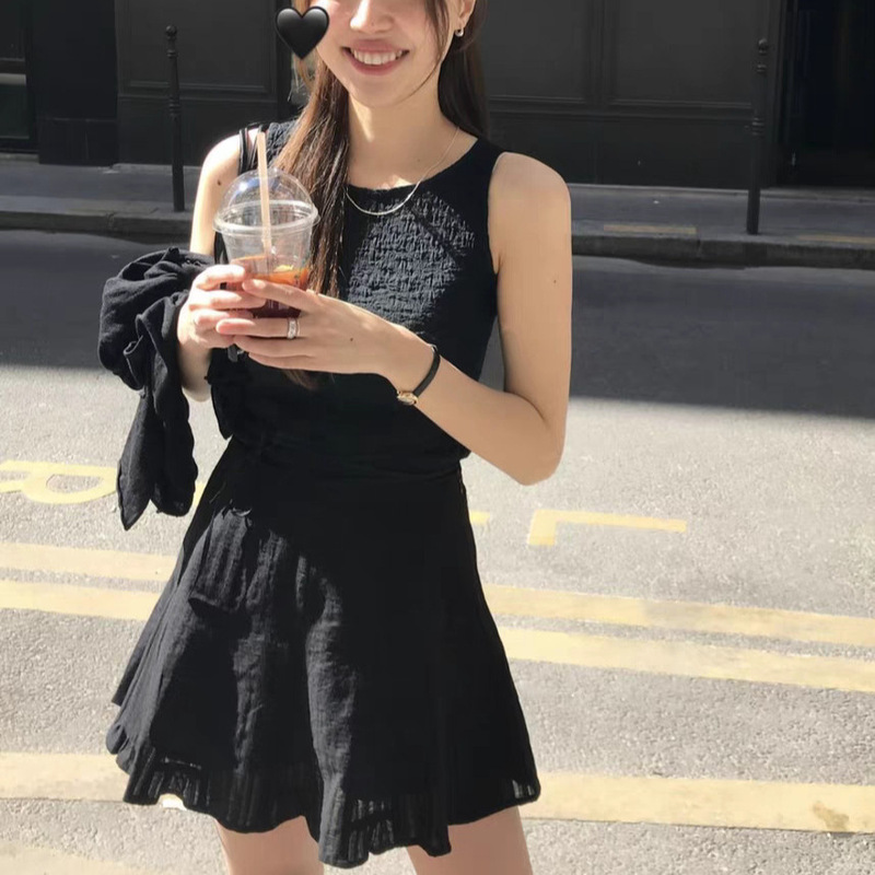 Spot 2025 Summer New Korean Style Tan*At Elegant Pure Color Lace-Up Sleeveless Vest + Skirt Suit for Women