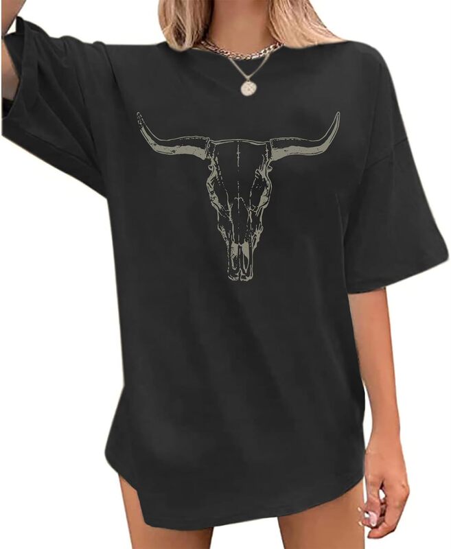Wrenpies West Cow Skull Shirt Women's Oversized Denim T-Shirt Country Pattern T-Shirt Vintage
