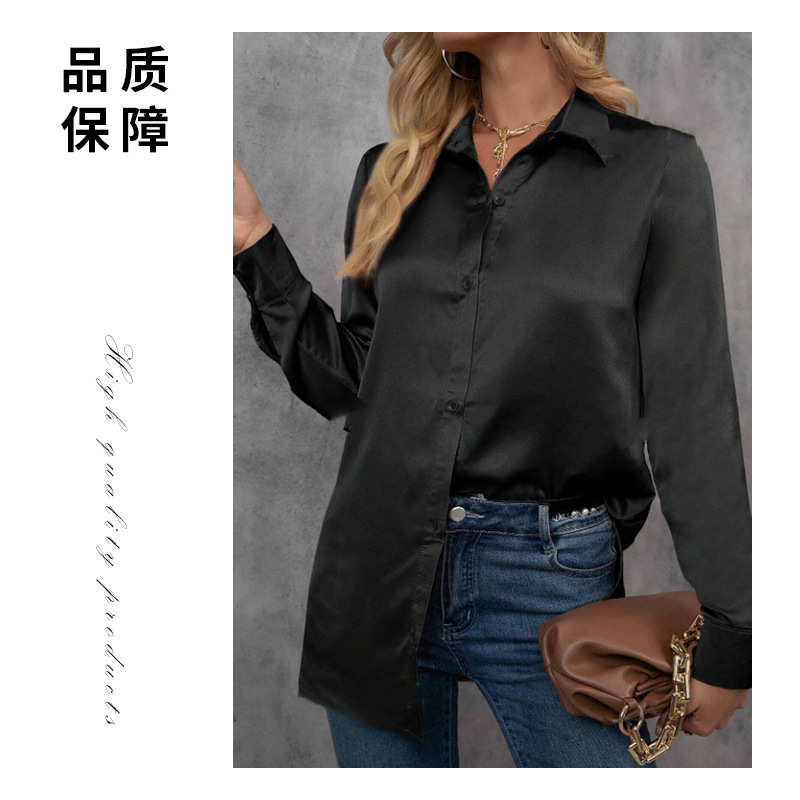 Camisa de manga larga de color de temperamento europeo y americano, nueva primavera y verano, camisa de seda suelta de imitación de color sólido, top de color de manga larga