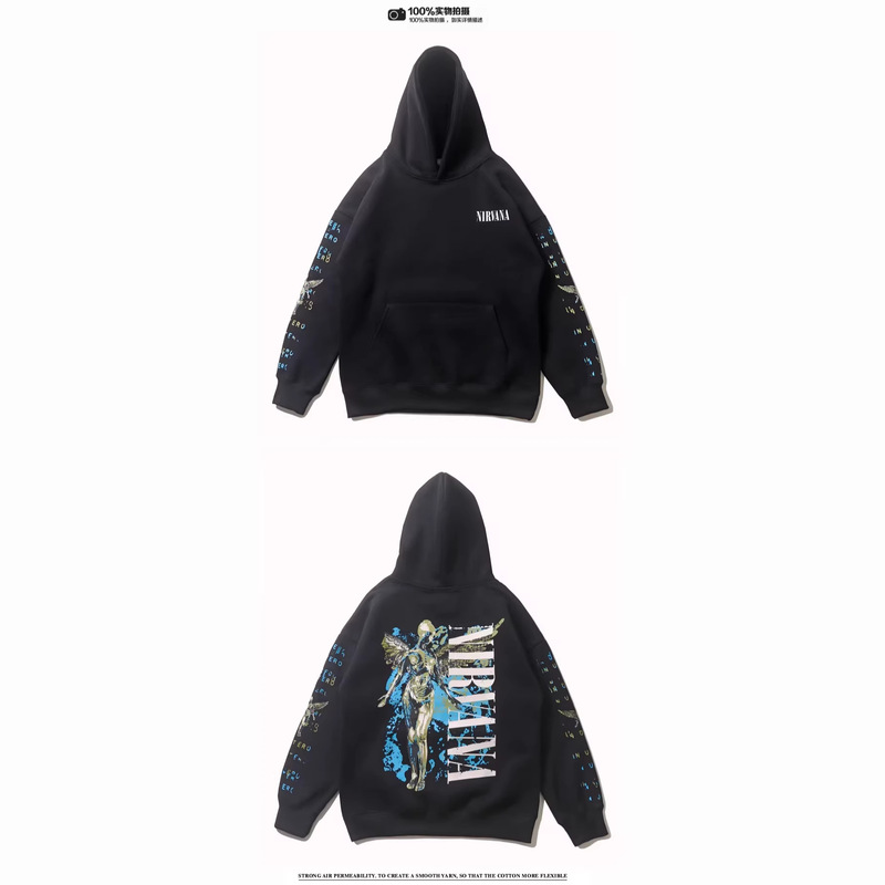 Three Labels Complete, Cross-Border American-Style Trendy Brand Nirvana Band See-Through Angel Print Pure Cotton Hooded Sweatshirt Three Labels Complete, Cross-Border American-Style Trendy Brand Nirvana Band See-Through Angel Print Pure Cotton Hooded Sweatshirt