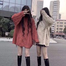 社会毛衣快手网红同款秋冬新款宽松韩版加厚中长毛衣针织衫外套女