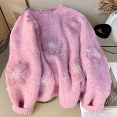 广州十三行高货爆款~慵懒风厚实重工钉珠立体花朵毛衣女冬季外穿