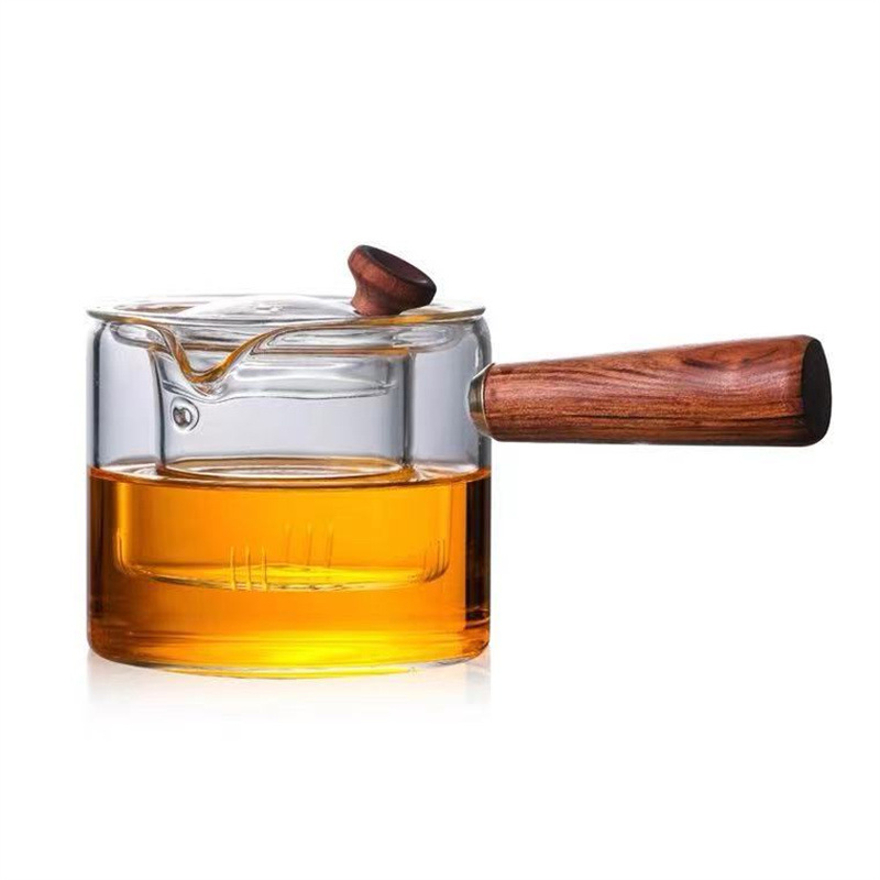 Manija lateral tetera de vidrio calefacción mango de madera fabricante de té tetera hogar resistente al calor Kung Fu juego de té traje