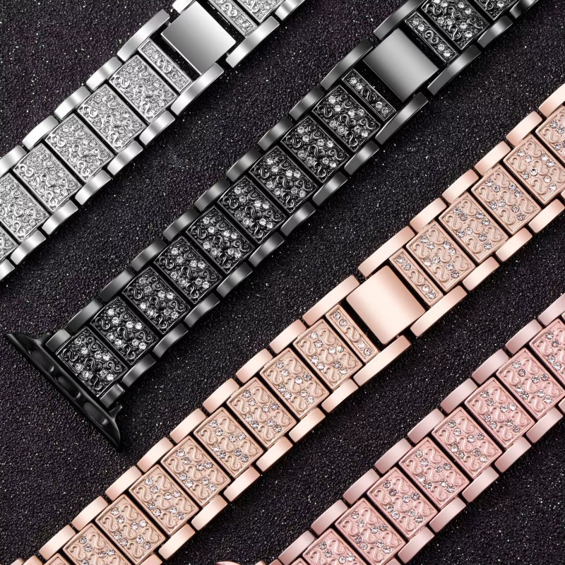 For Apple Apple Watch 9/8/7 Strap Three Beads Full Diamond Luxury Women's Metal S10 Watch Strap