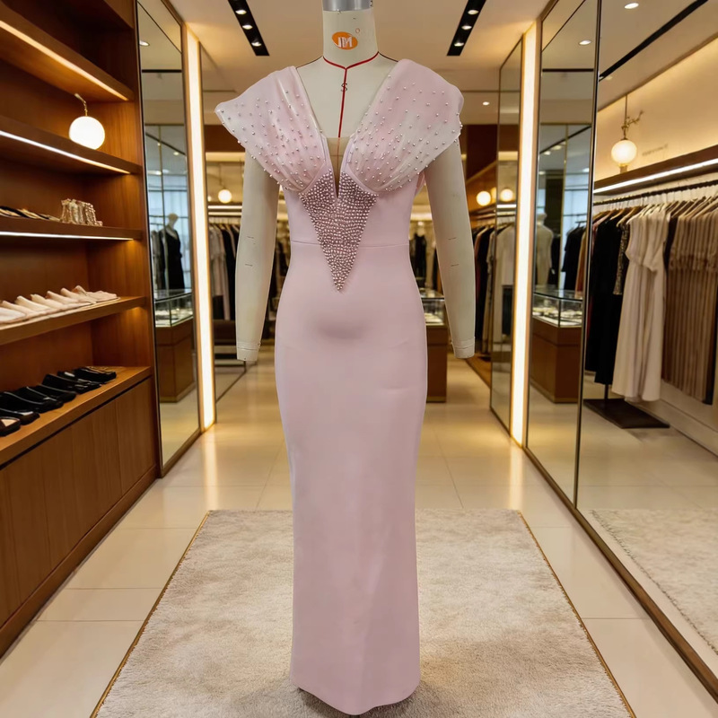Cross-Border New Valentine's Day V-Neck Sexy Strapless Dress with Beaded Design and Patchwork Bandage Evening Gown