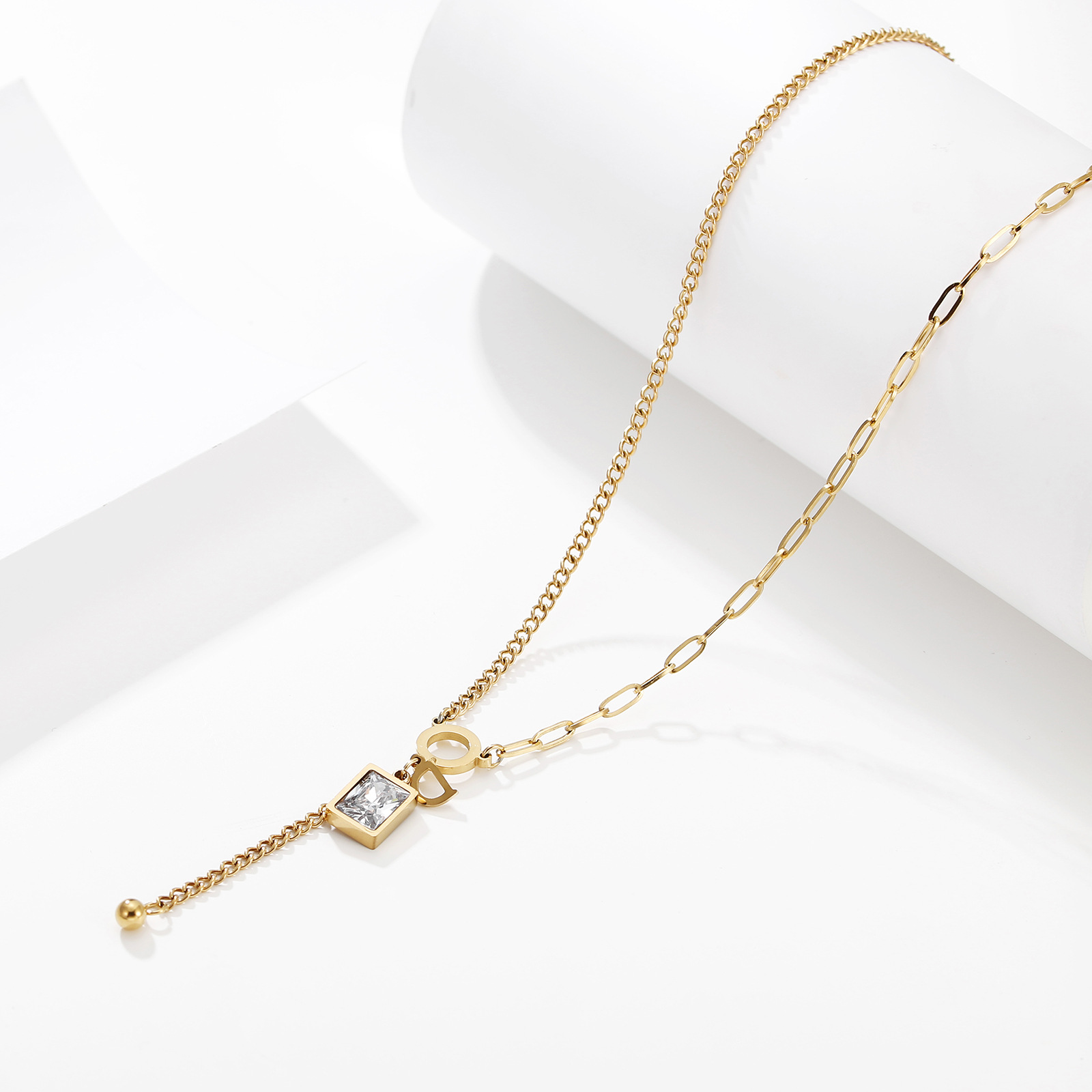 Glam Geometric Titanium Steel Gold Plated Zircon Necklace