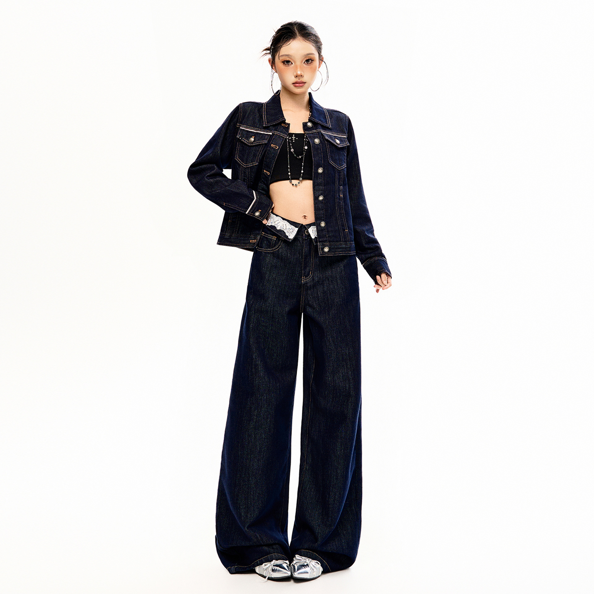【Jinyin】Vintage Lazy Versatile Commuter Denim Jacket Low Waist Slimming Lace Trim Jeans Set for Women