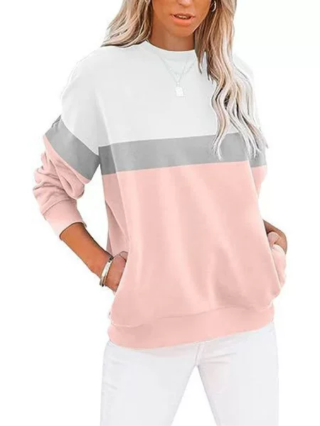 European and American Cross-Border Amazon Women's Color-Blocked Casual Long-Sleeved Tops, Round-Neck Sweatshirts, Loose Pullover Sweatshirts