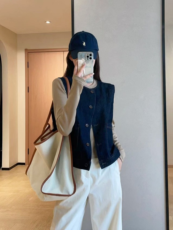 时髦叠搭环保水洗背面复古印花丹宁无袖牛仔马甲女2025秋3306#|undefined