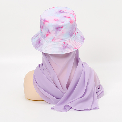 Cross-border new fashion set scarf, solid color chiffon and tie-dyed fisherman hat in one 2-piece scarf hat wholesale