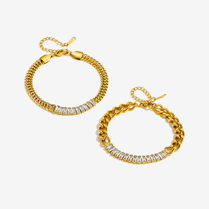 European and American INS style titanium steel 18k gold plated jewelry party gift fashion retro full zircon stitching chain bracelet for women