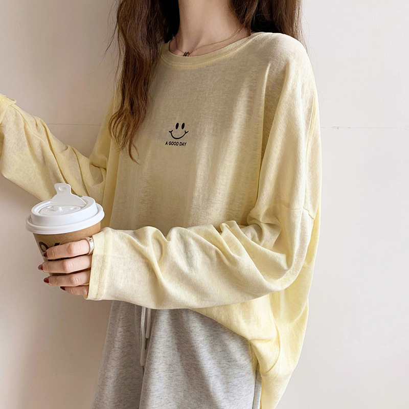 Ropa de protección solar para mujer, camiseta con máscara para el verano 2024, manga larga, estilo coreano, holgada, amarilla, transpirable, para aire acondicionado image 5