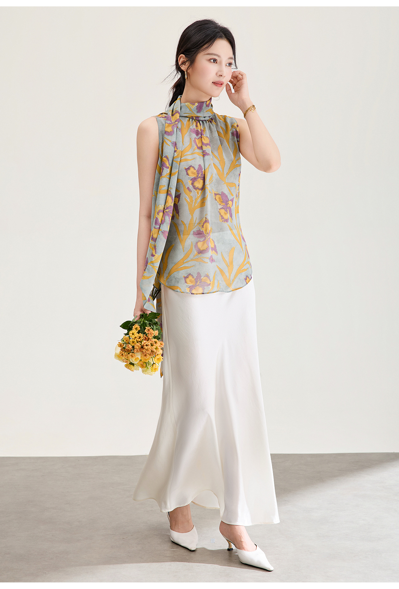 Áo hai dây nữ chất liệu chiffon in hoa, phối dây lụa, phong cách thanh lịch mùa hè — màu xám chi tiết 23
