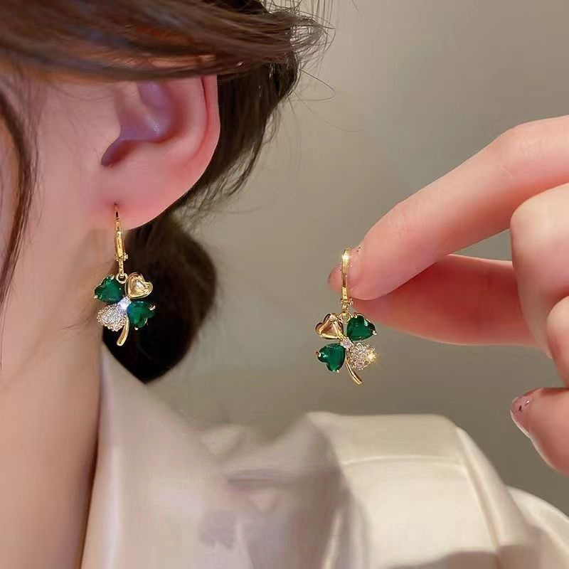15g Weight Zircon Inlay Material Elegant Four Leaf Clover Alloy Inlay Zircon Women's Drop Earrings