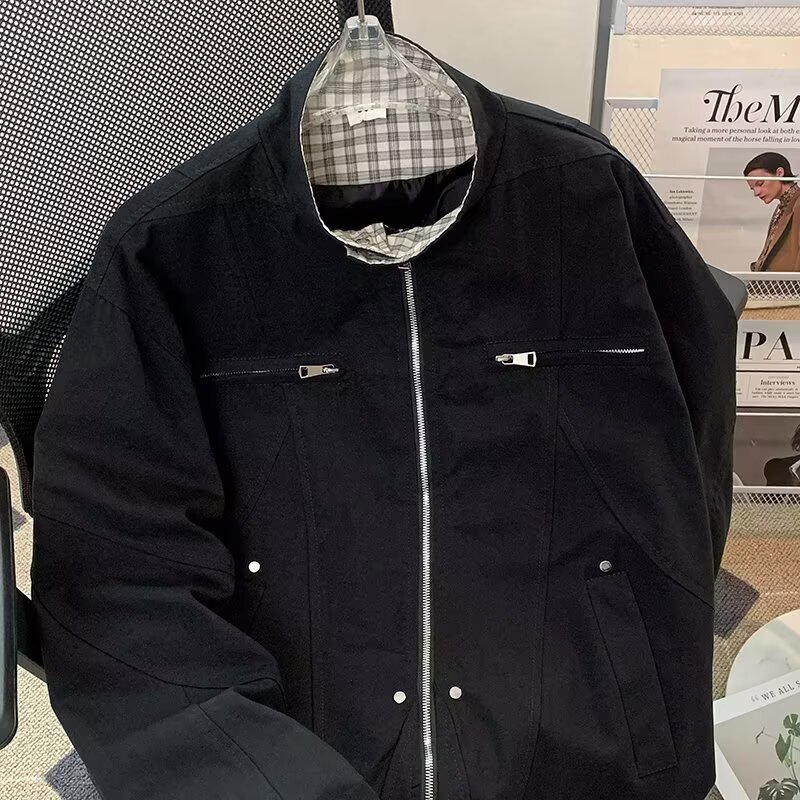 Grid Splicing Jacket, Trendy Loose Baseball Jacket, Lapel Workwear Jacket_voghion.com