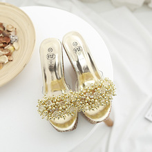 厚底高跟凉拖女2025春夏新款松糕底一字拖亮片手工穿珠外穿拖鞋