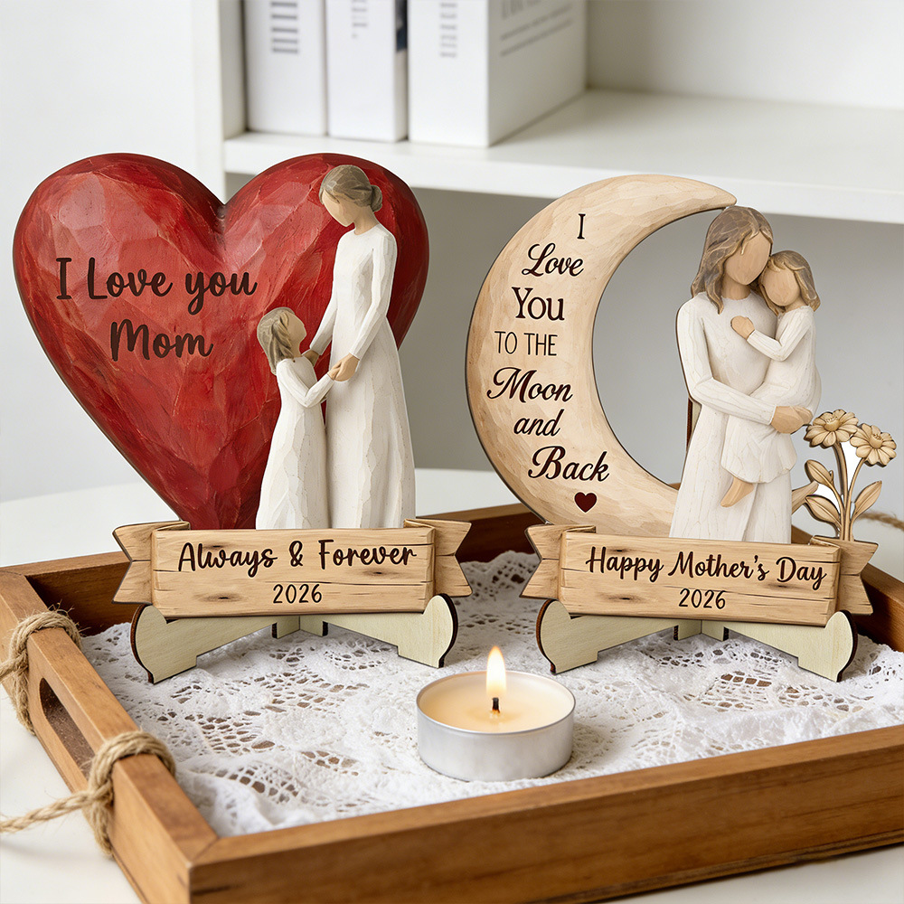 Decoraciones transfronterizas del Día de la Madre adornos de madera limitados amor luna abrazando modelado grabada agradecimiento escritura escritorio de escritorio