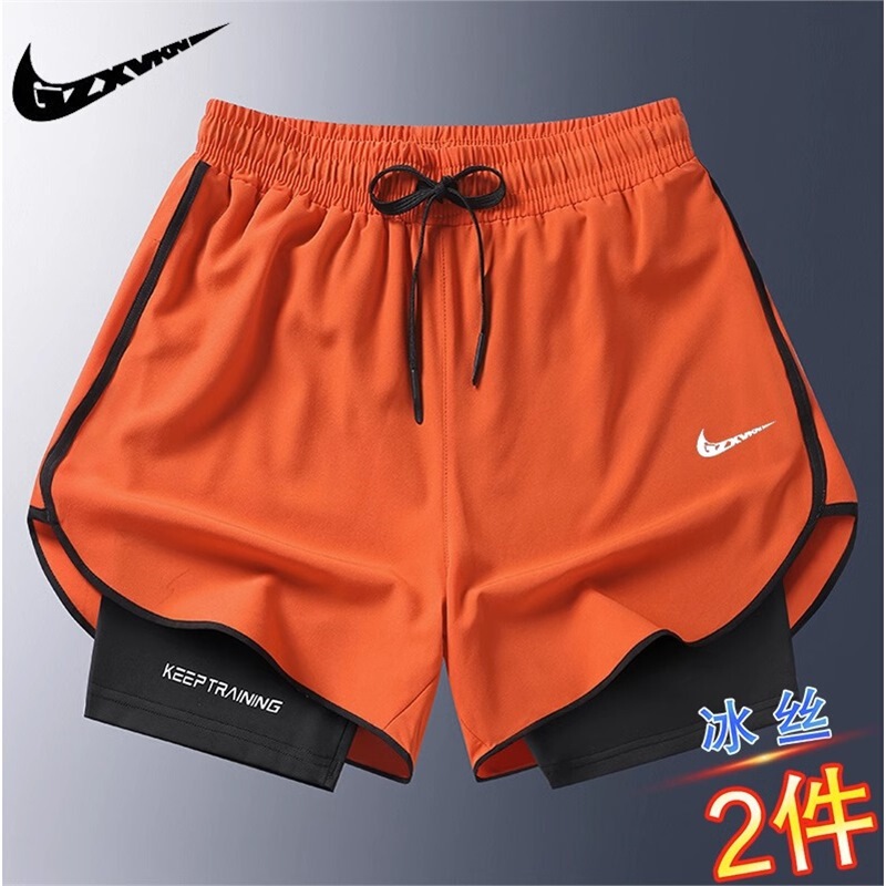 Dropshipping Brand 2026 New Model Ice Silk Sports Shorts for Men, Double-Layered Fake Two-Piece Three-Quarter Pants for Training and Running